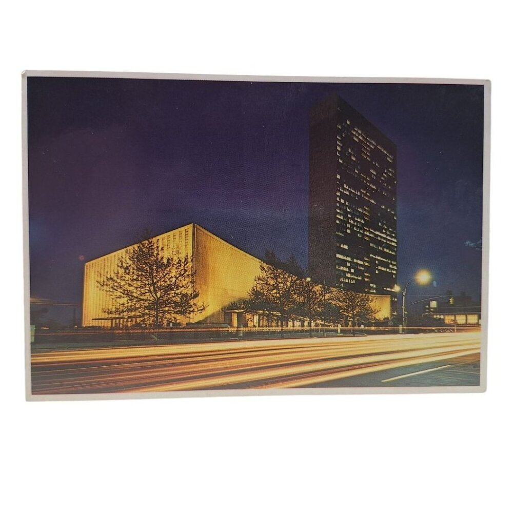 United Nations New York City Postcard Secretariat General Assembly Night View